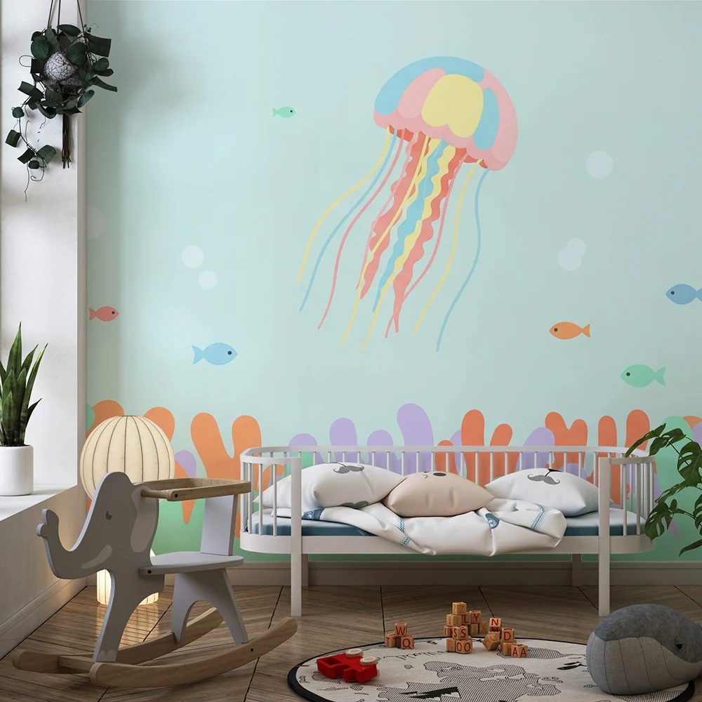 Papier peint chambre bébé | Méduse colorée et poissons dans un fond marin apaisant