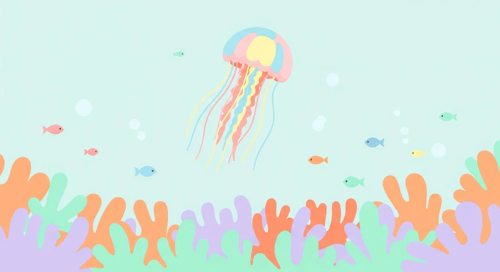 Papier peint chambre bébé | Méduse colorée et poissons dans un fond marin apaisant