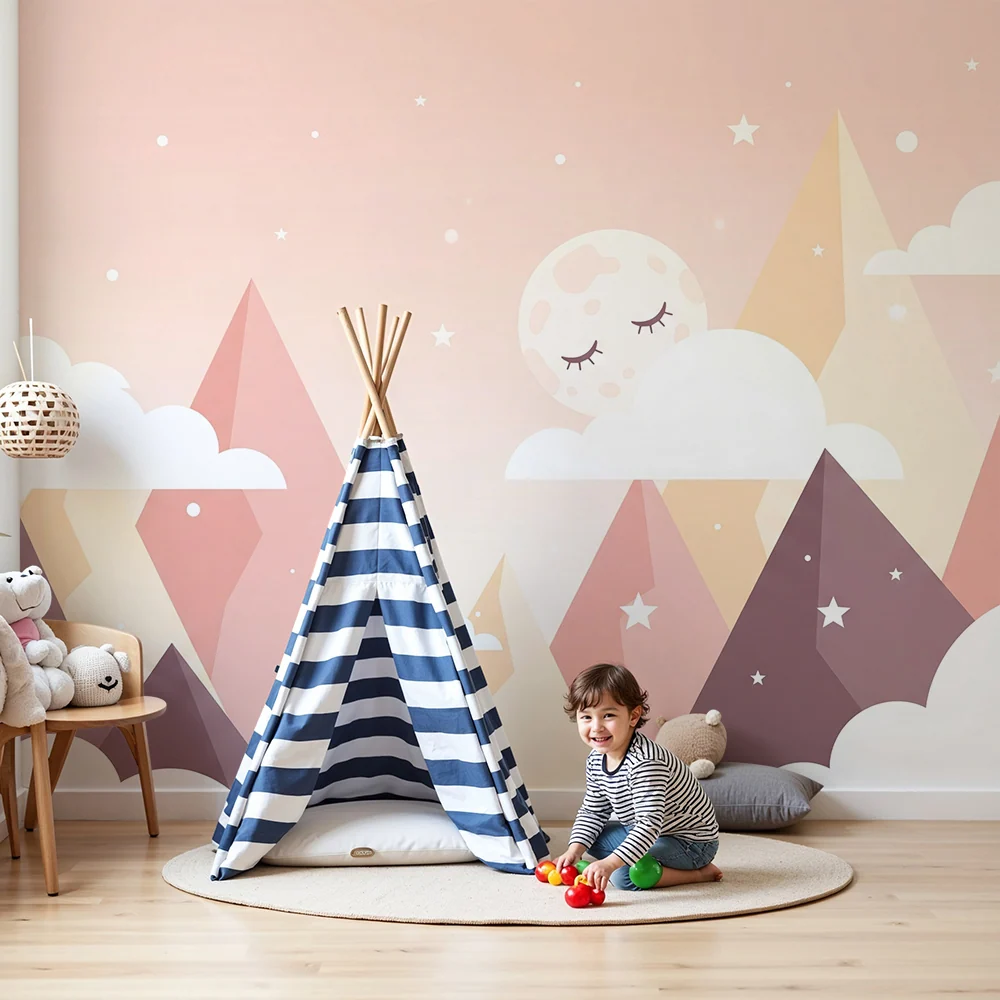 Papier peint chambre bébé | Montagnes géométriques ciel étoilé et fond rose pastel