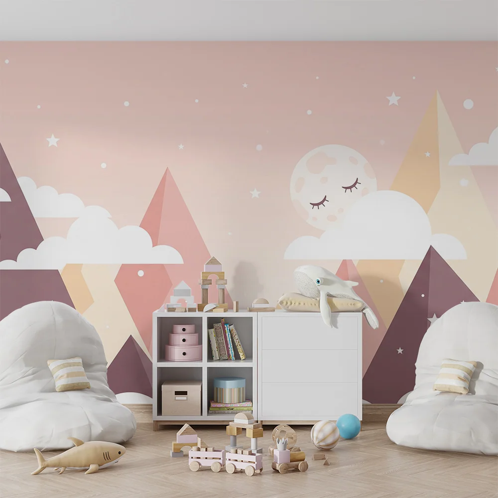 Papier peint chambre bébé | Montagnes géométriques ciel étoilé et fond rose pastel
