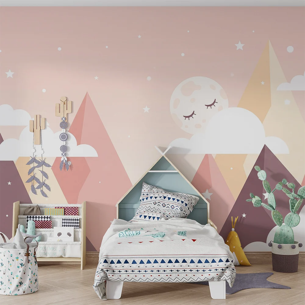 Papier peint chambre bébé | Montagnes géométriques ciel étoilé et fond rose pastel