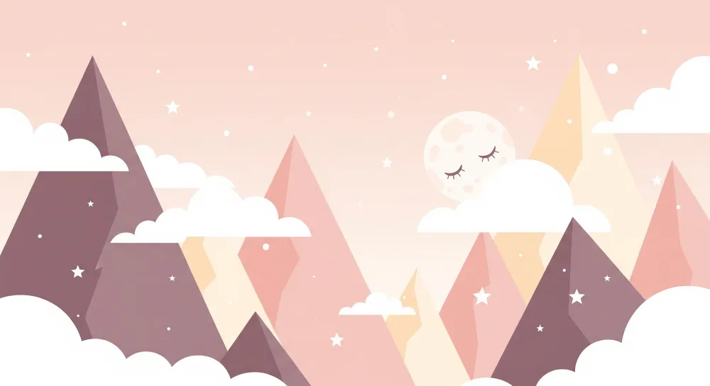 Papier peint chambre bébé | Montagnes géométriques ciel étoilé et fond rose pastel