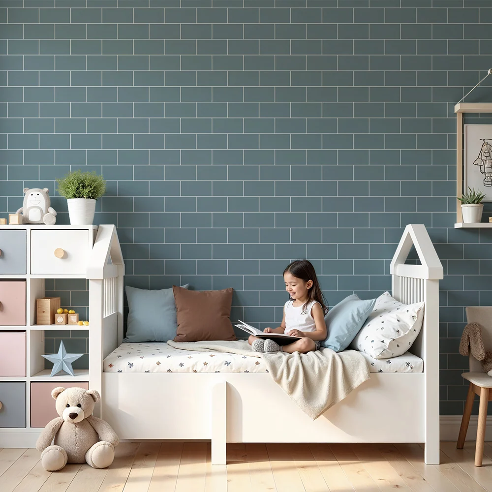 Papier peint chambre bébé | Motif de briques en bleu doux