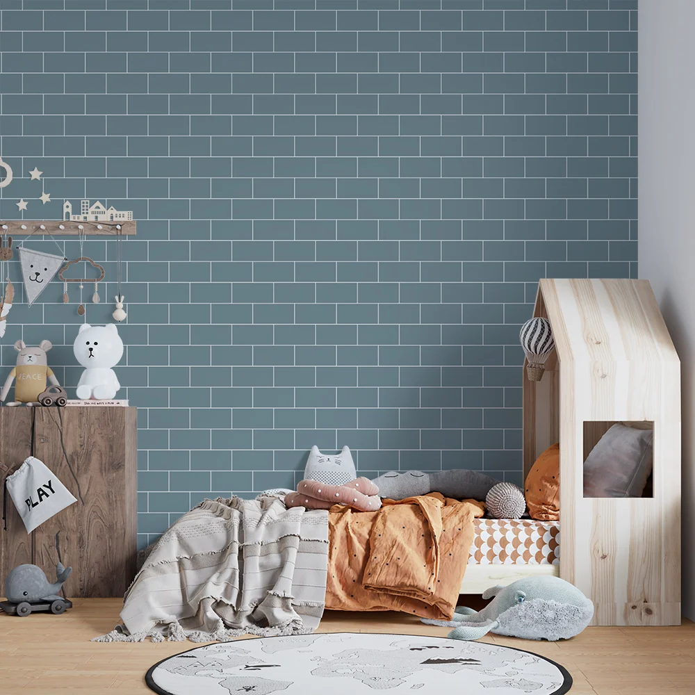 Papier peint chambre bébé | Motif de briques en bleu doux