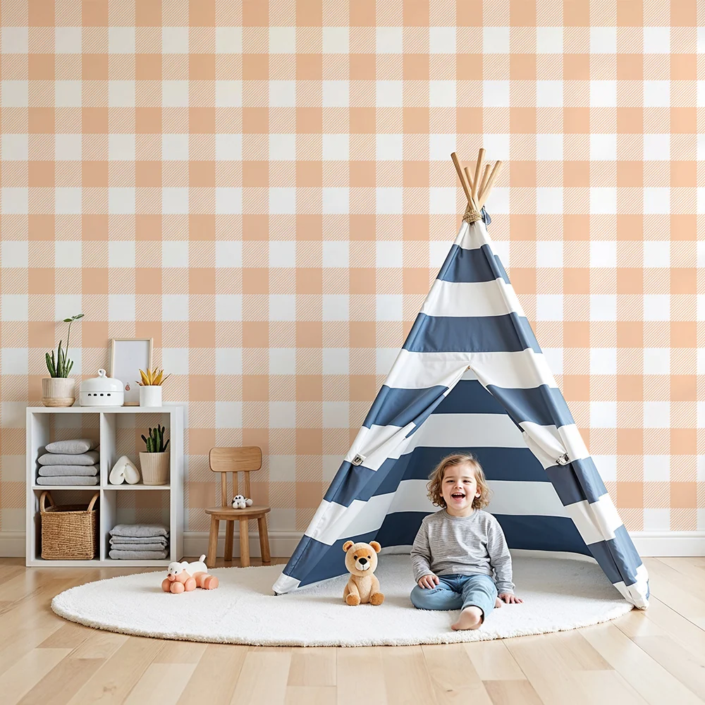 Papier peint chambre bébé | Motif vichy doux en pêche et blanc