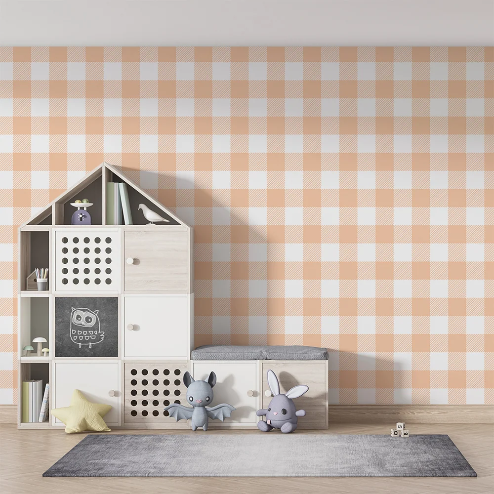 Papier peint chambre bébé | Motif vichy doux en pêche et blanc