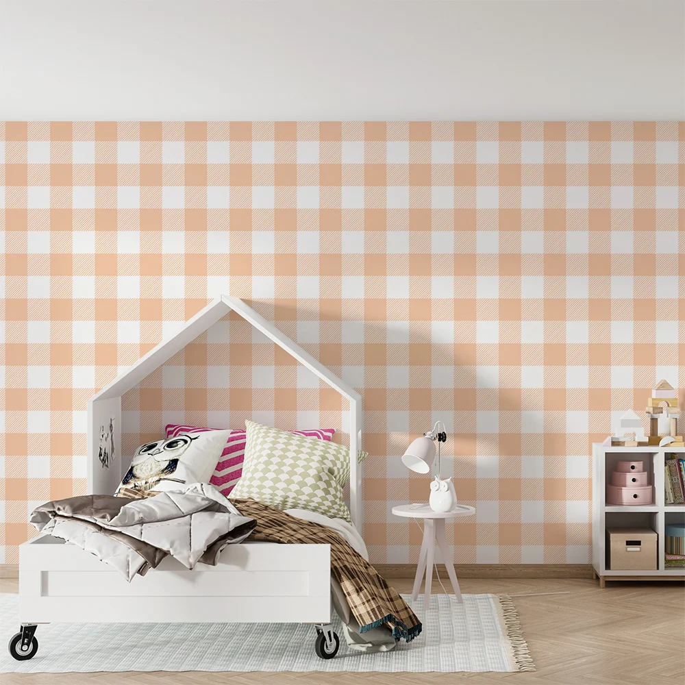 Papier peint chambre bébé | Motif vichy doux en pêche et blanc