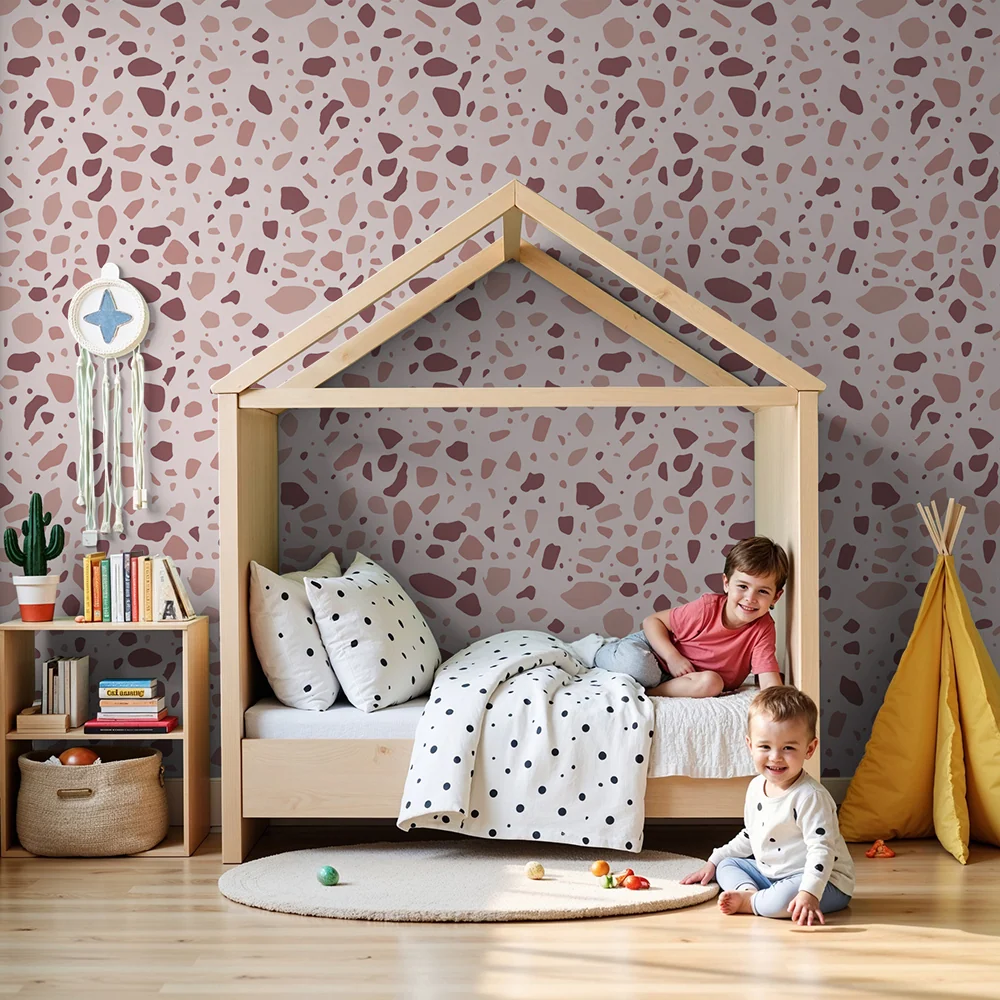 Papier peint chambre bébé | Motifs abstraits en tons rose et terracotta