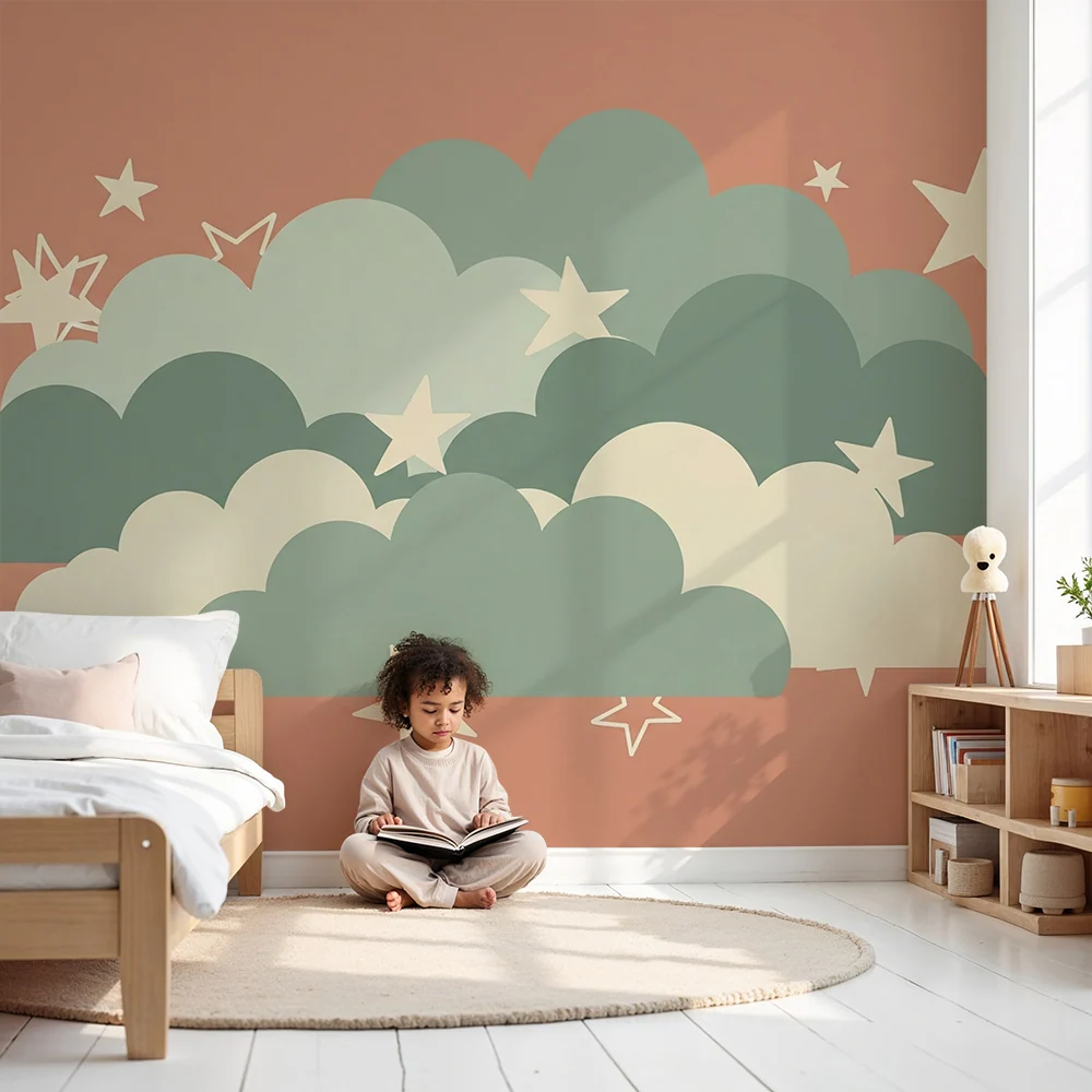 Papier peint chambre bébé | Nuages doux et étoiles scintillantes sur fond terracotta