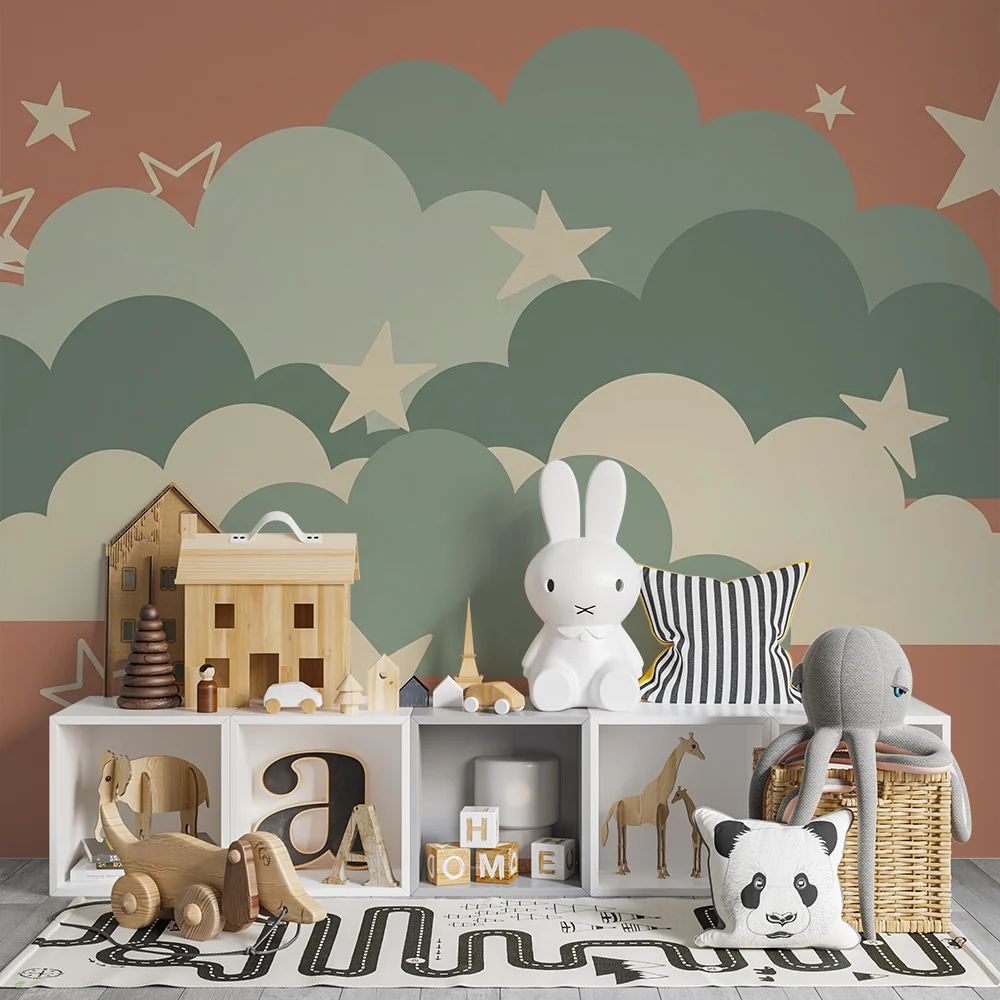 Papier peint chambre bébé | Nuages doux et étoiles scintillantes sur fond terracotta