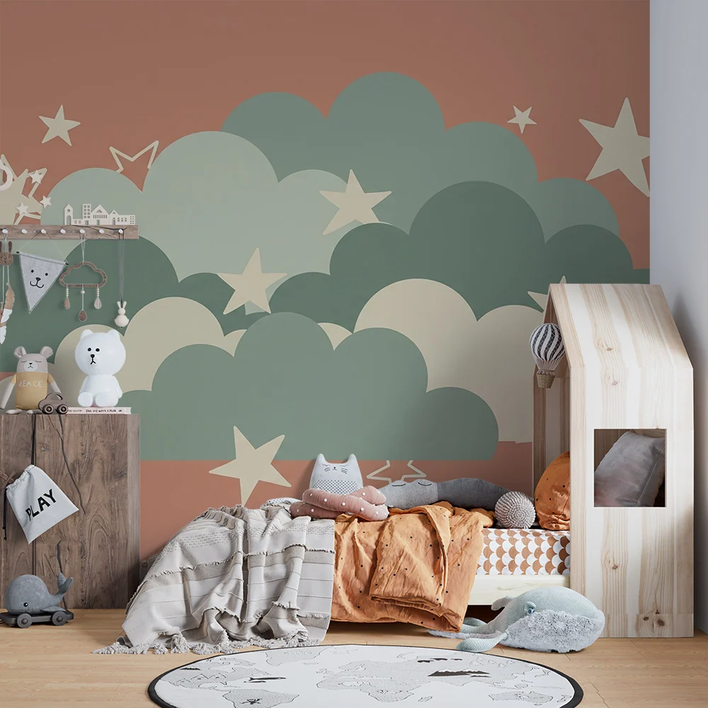 Papier peint chambre bébé | Nuages doux et étoiles scintillantes sur fond terracotta