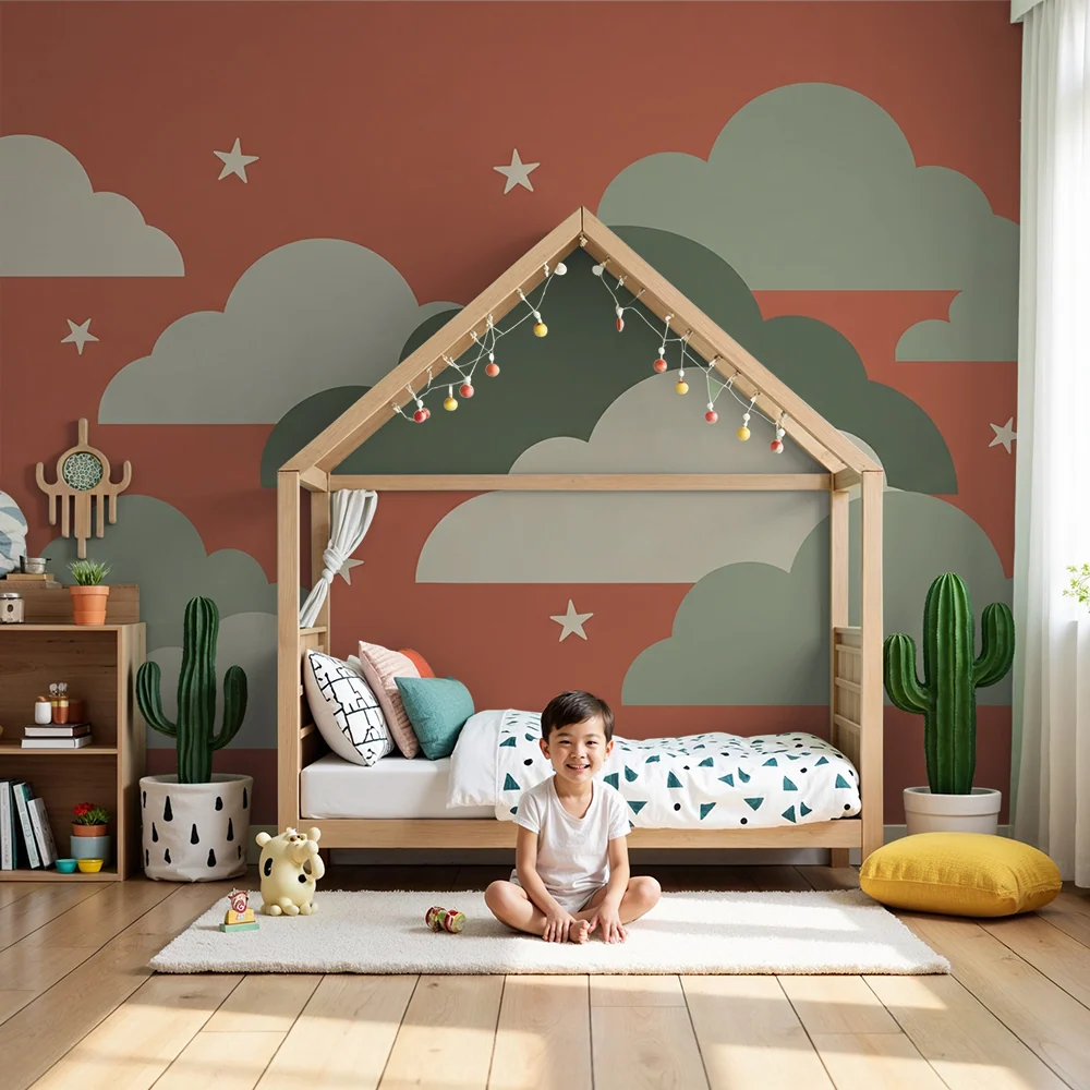 Papier peint chambre bébé | Nuages doux et étoiles