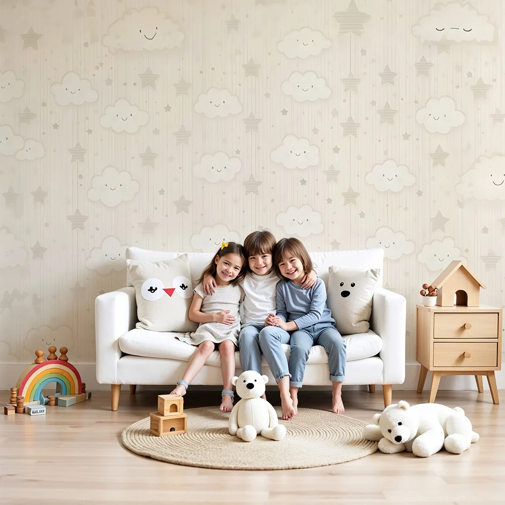 Papier peint chambre bébé | Nuages et étoiles souriants