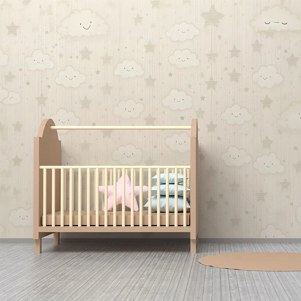 Papier peint chambre bébé | Nuages et étoiles souriants