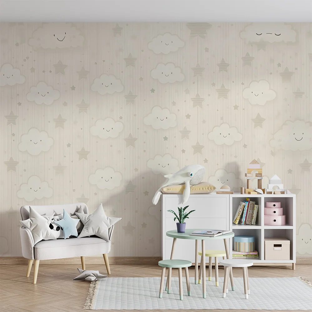 Papier peint chambre bébé | Nuages et étoiles souriants