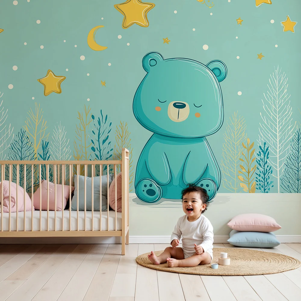 Papier peint chambre bébé | Ours mignon sous un ciel étoilé