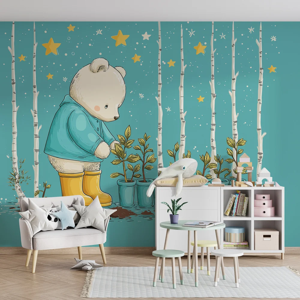 Papier peint chambre bébé | Ours plantant des végétaux sous les étoiles