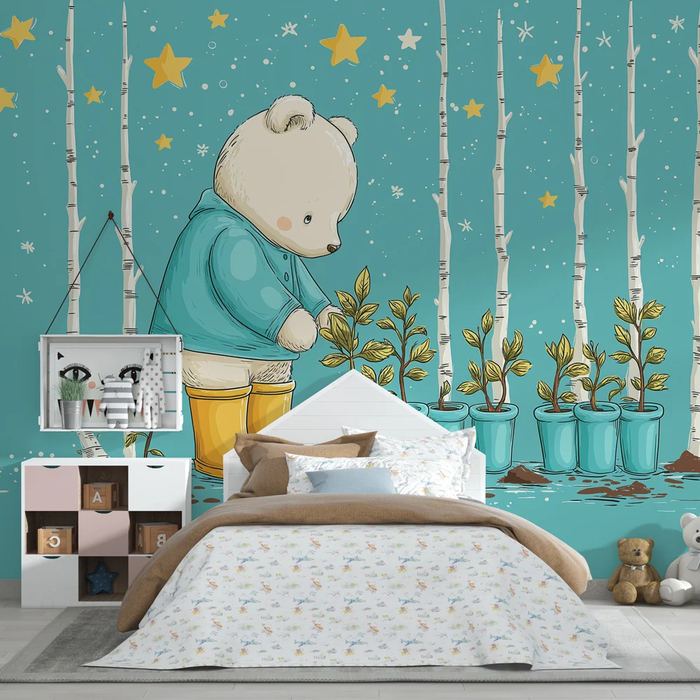 Papier peint chambre bébé | Ours plantant des végétaux sous les étoiles