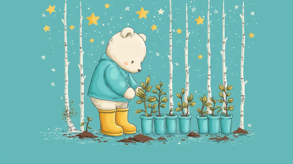 Papier peint chambre bébé | Ours plantant des végétaux sous les étoiles