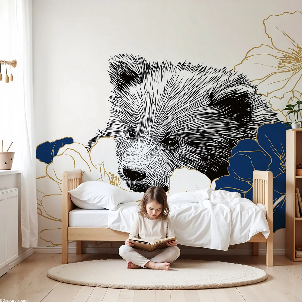 Papier peint chambre bébé | Ourson curieux entouré de fleurs élégantes