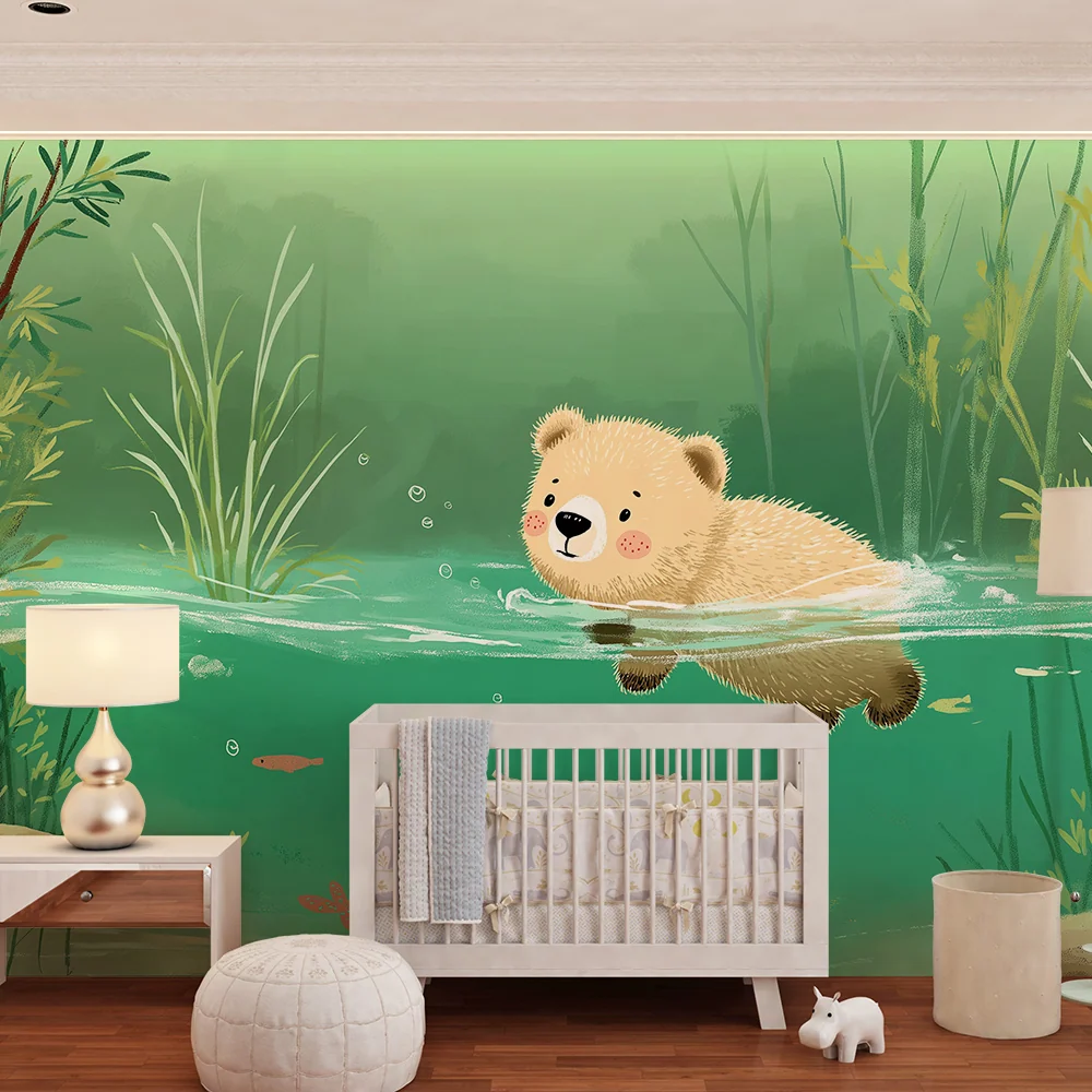 Papier peint chambre bébé | Ourson nageur dans un paysage aquatique apaisant