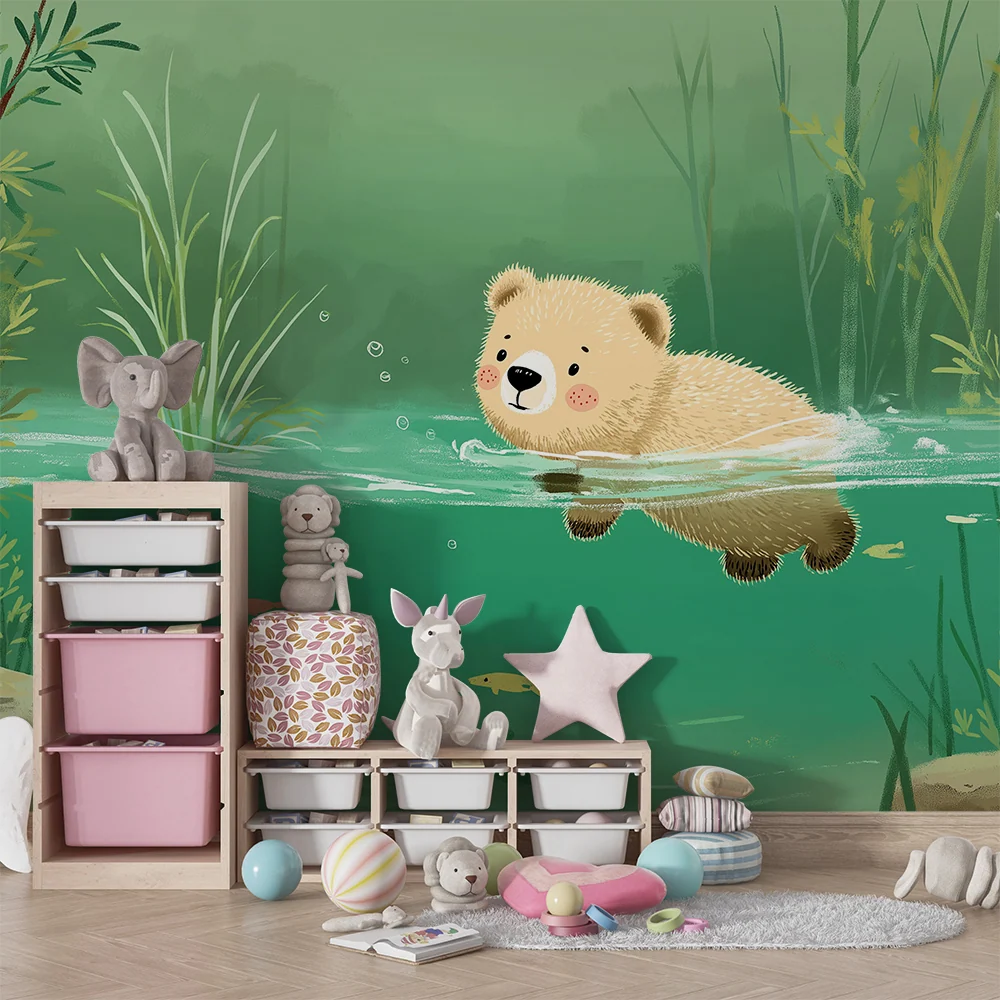 Papier peint chambre bébé | Ourson nageur dans un paysage aquatique apaisant
