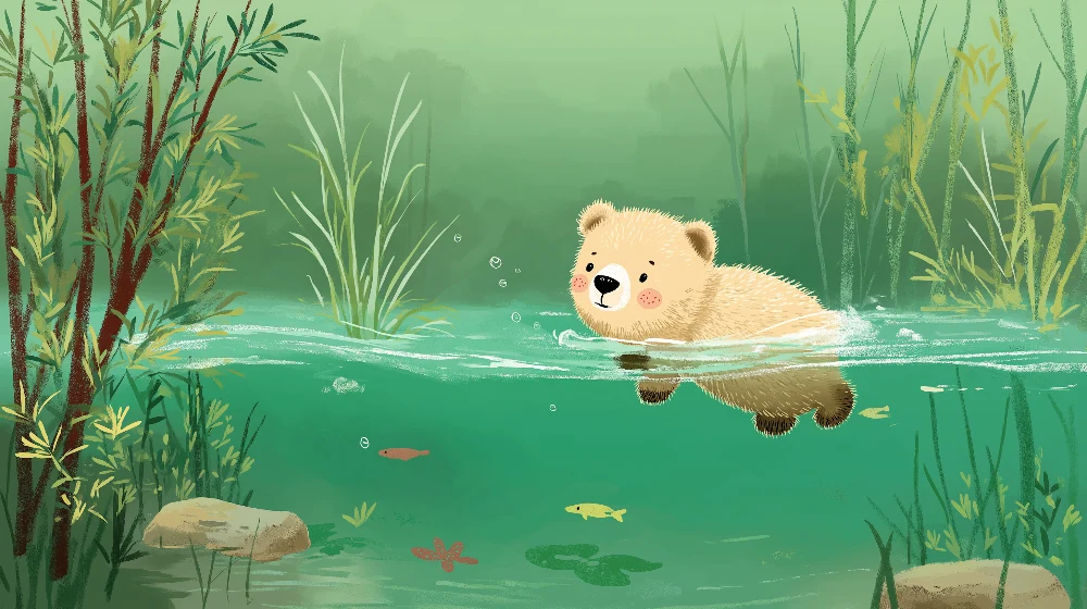 Papier peint chambre bébé | Ourson nageur dans un paysage aquatique apaisant