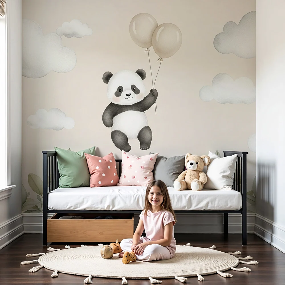 Papier peint chambre bébé | Panda flottant avec des ballons et nuages