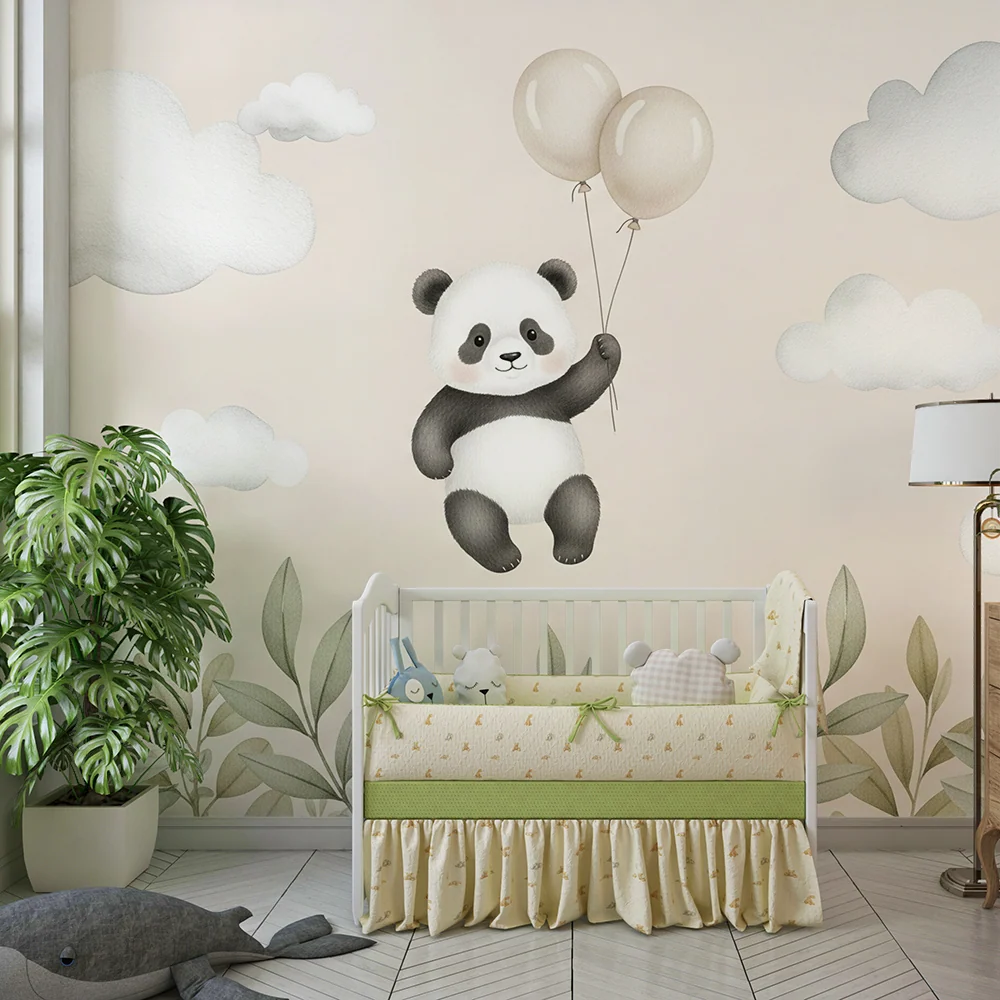 Papier peint chambre bébé | Panda flottant avec des ballons et nuages