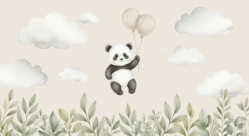 Papier peint chambre bébé | Panda flottant avec des ballons et nuages