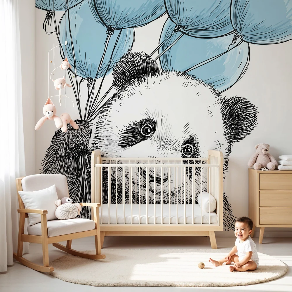 Papier peint chambre bébé | Panda joyeux avec ballons bleus