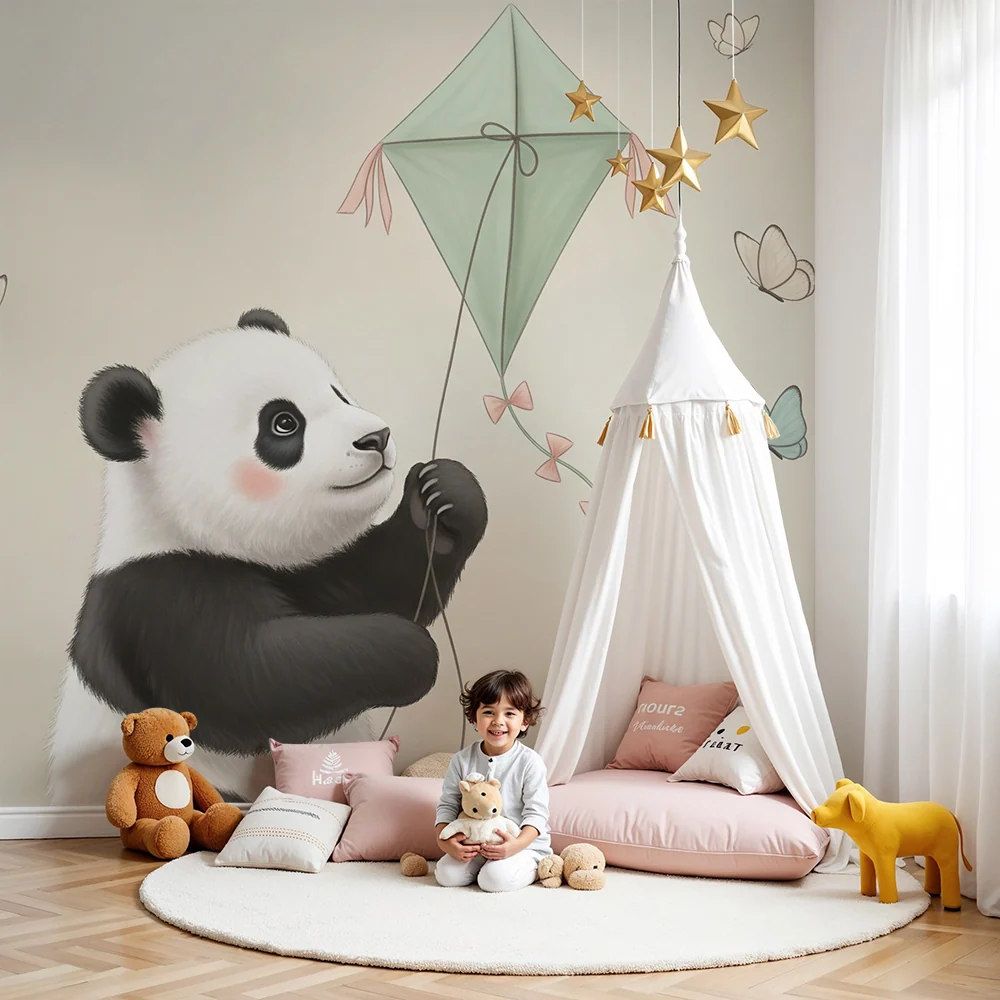 Papier peint chambre bébé | Panda mignon et cerf-volant