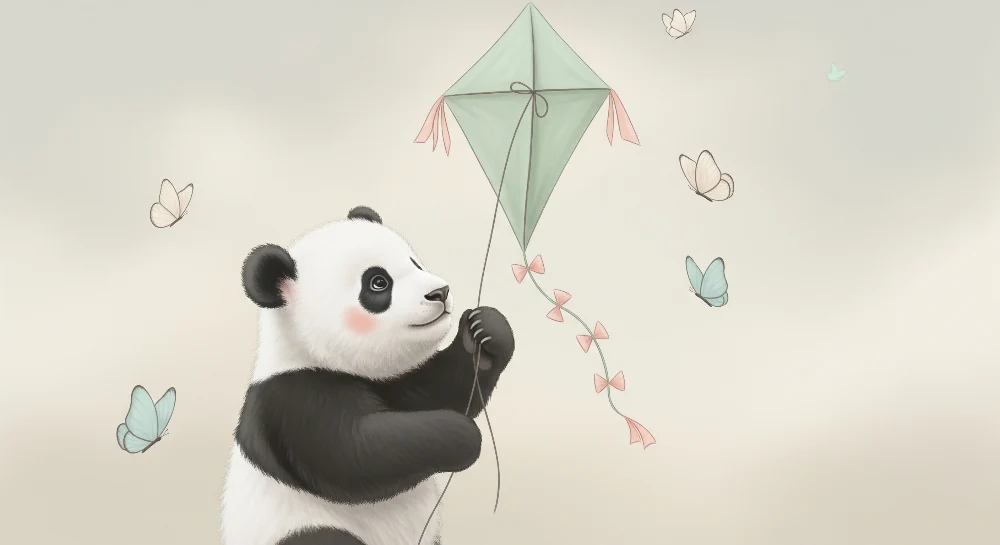 Papier peint chambre bébé | Panda mignon et cerf-volant