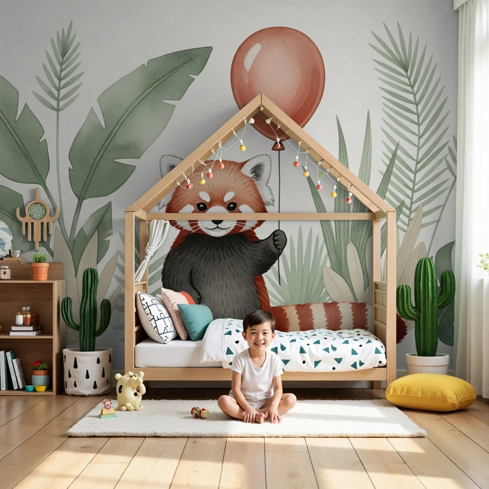 Papier peint chambre bébé | Panda roux et félures exotiques