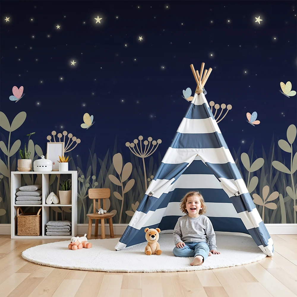 Papier peint chambre bébé | Papillons et fleurs sous les étoiles