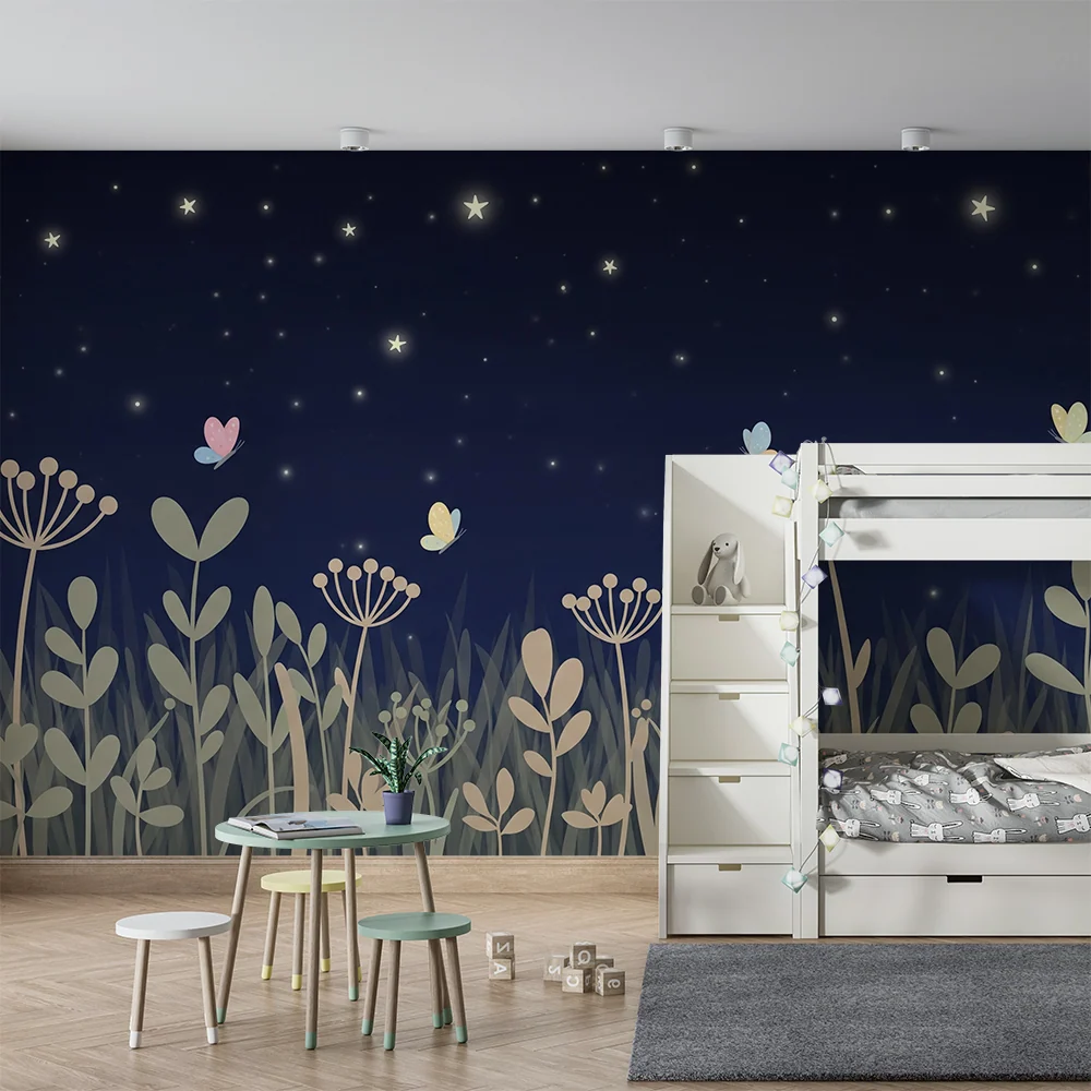 Papier peint chambre bébé | Papillons et fleurs sous les étoiles