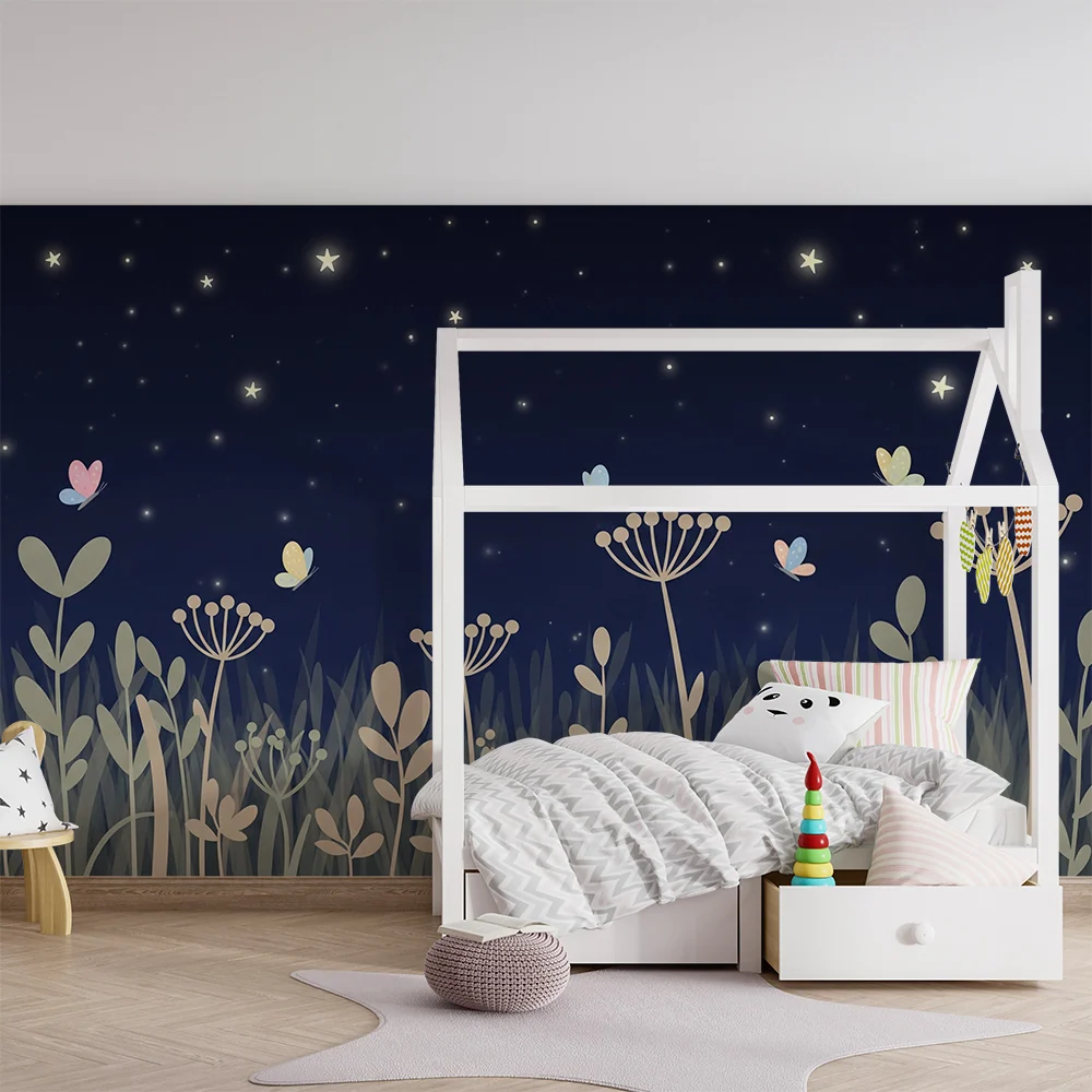 Papier peint chambre bébé | Papillons et fleurs sous les étoiles