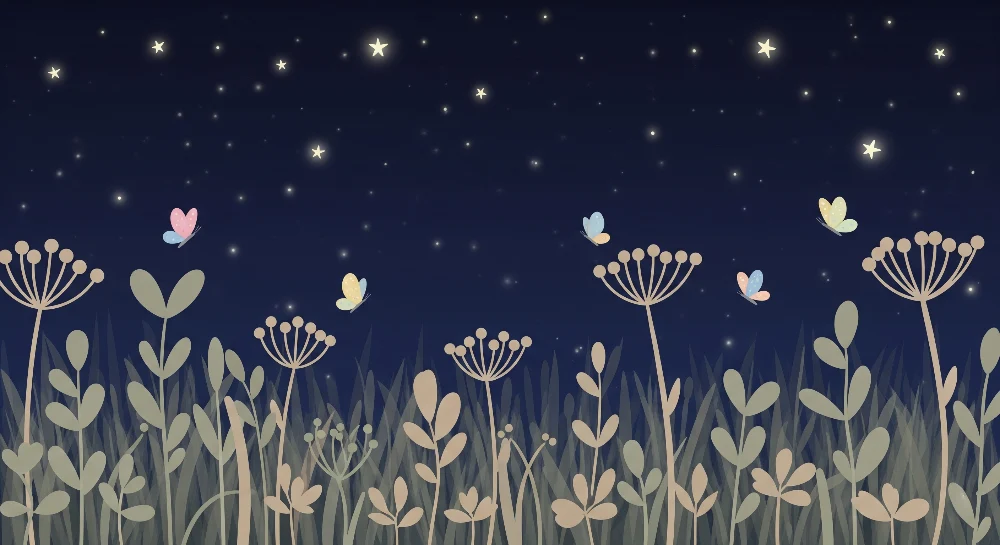 Papier peint chambre bébé | Papillons et fleurs sous les étoiles