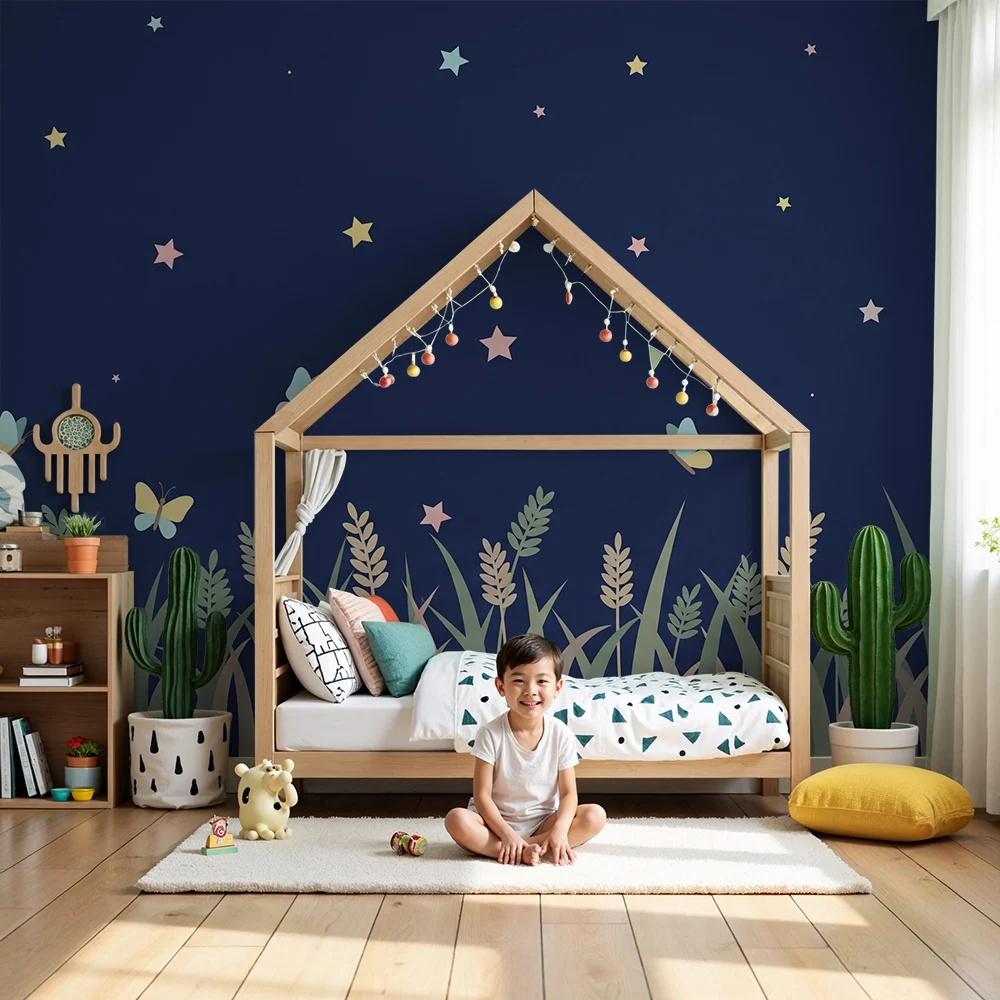 Papier peint chambre bébé | Papillons et étoiles dans la nuit