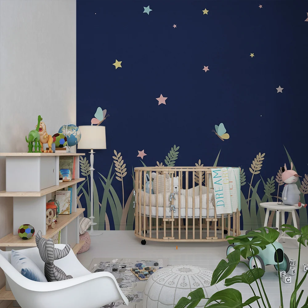 Papier peint chambre bébé | Papillons et étoiles dans la nuit