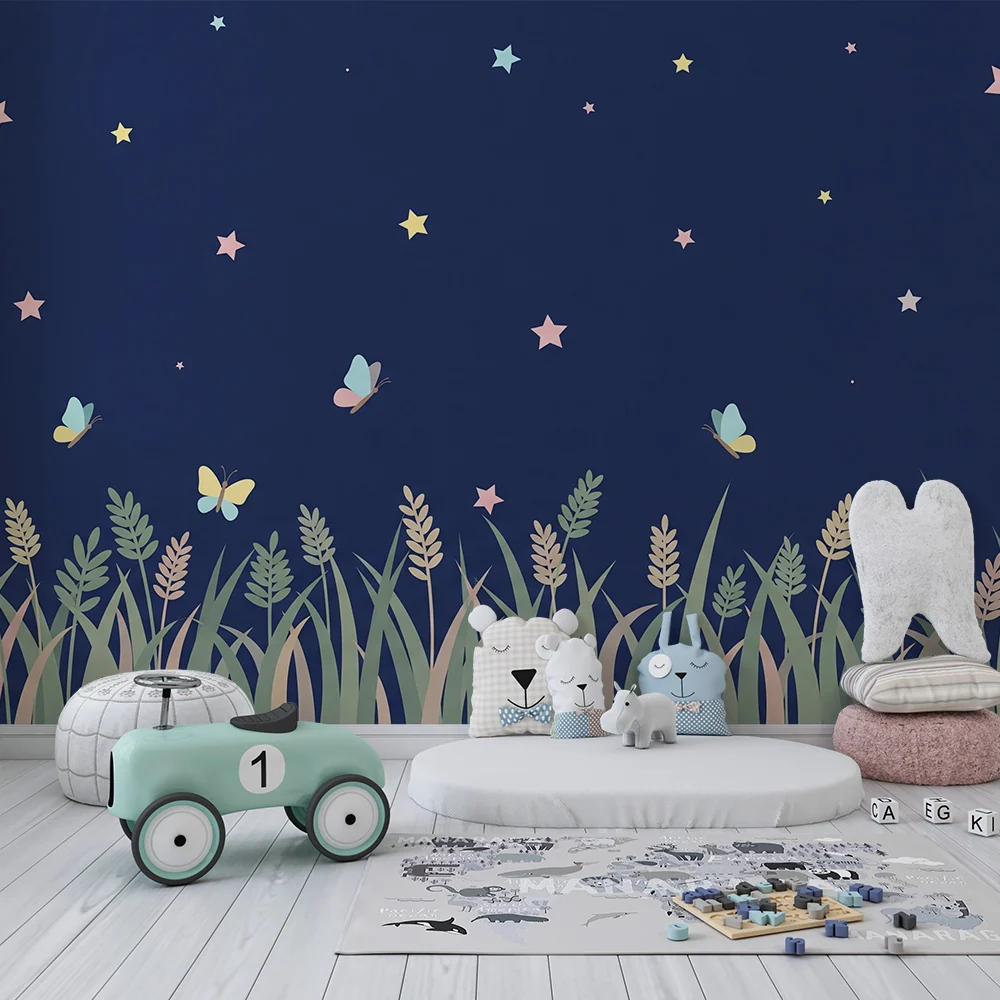 Papier peint chambre bébé | Papillons et étoiles dans la nuit