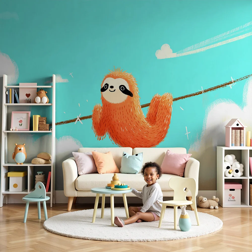 Papier peint chambre bébé | Paresseux joyeux dans un ciel bleu avec des nuages doux