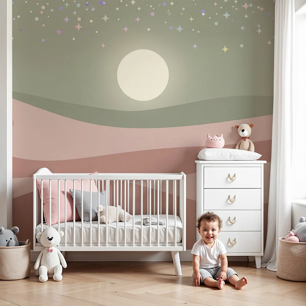 Papier peint chambre bébé | Paysage désertique doux avec étoiles scintillantes