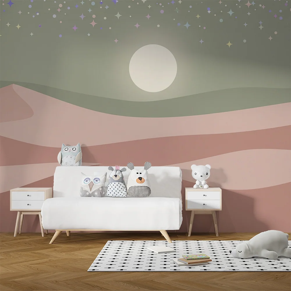 Papier peint chambre bébé | Paysage désertique doux avec étoiles scintillantes