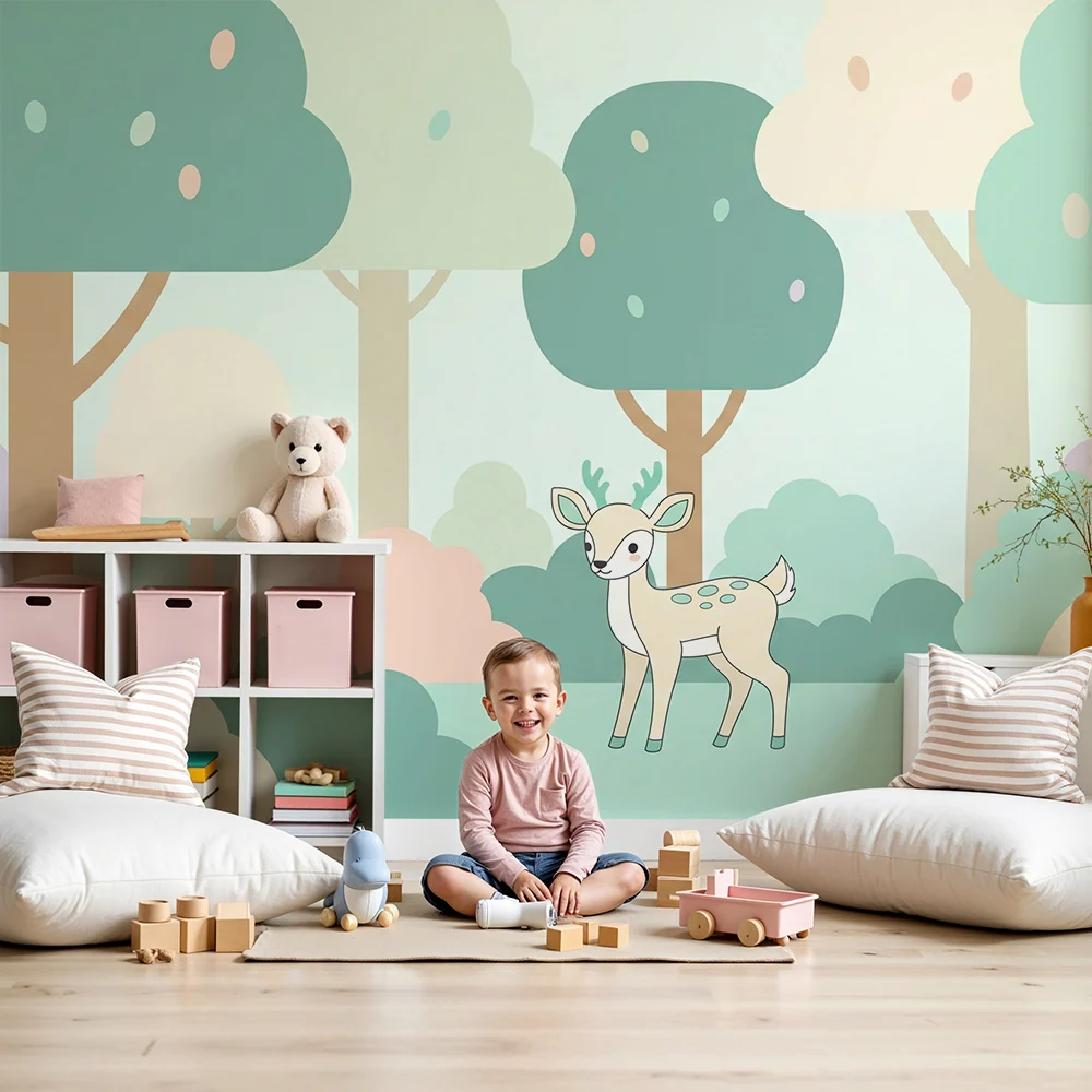 Papier peint chambre bébé | Petit faon dans une êt douce et colorée