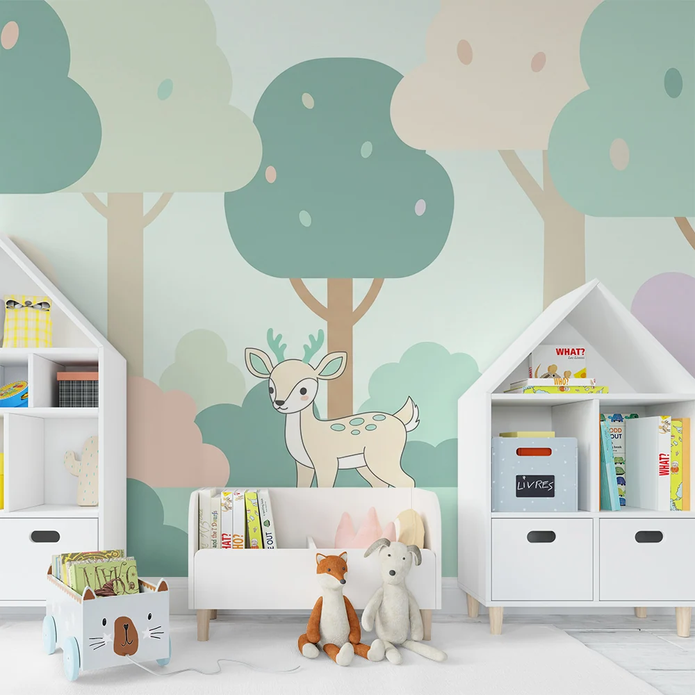 Papier peint chambre bébé | Petit faon dans une êt douce et colorée