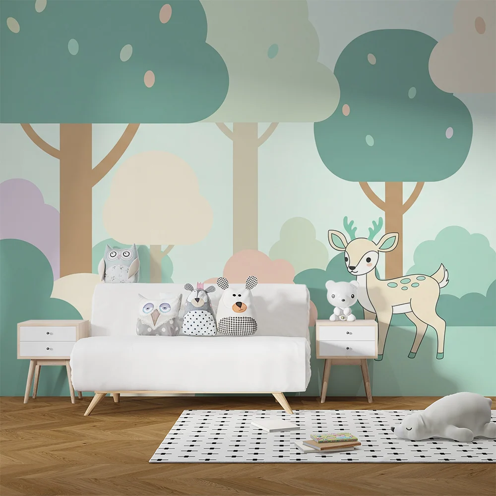 Papier peint chambre bébé | Petit faon dans une êt douce et colorée