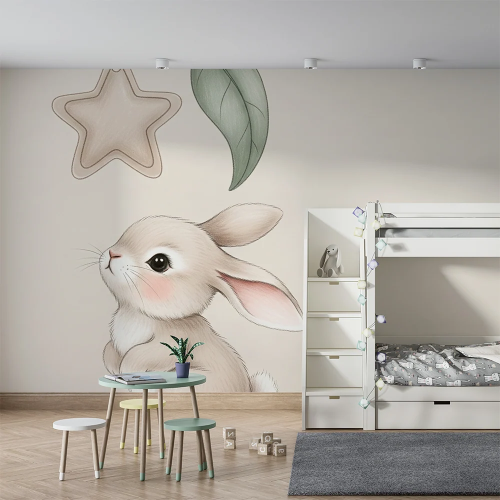 Papier peint chambre bébé | Petit lapin et étoiles suspendues
