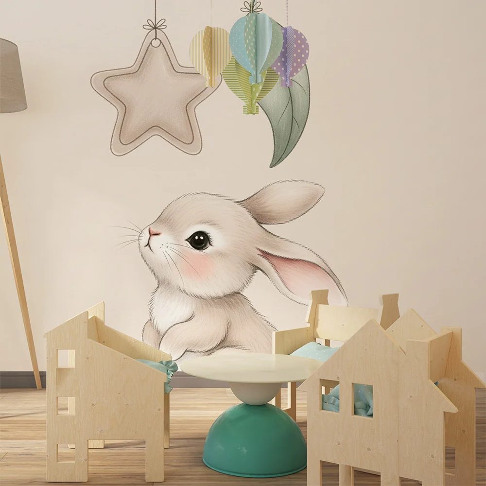 Papier peint chambre bébé | Petit lapin et étoiles suspendues