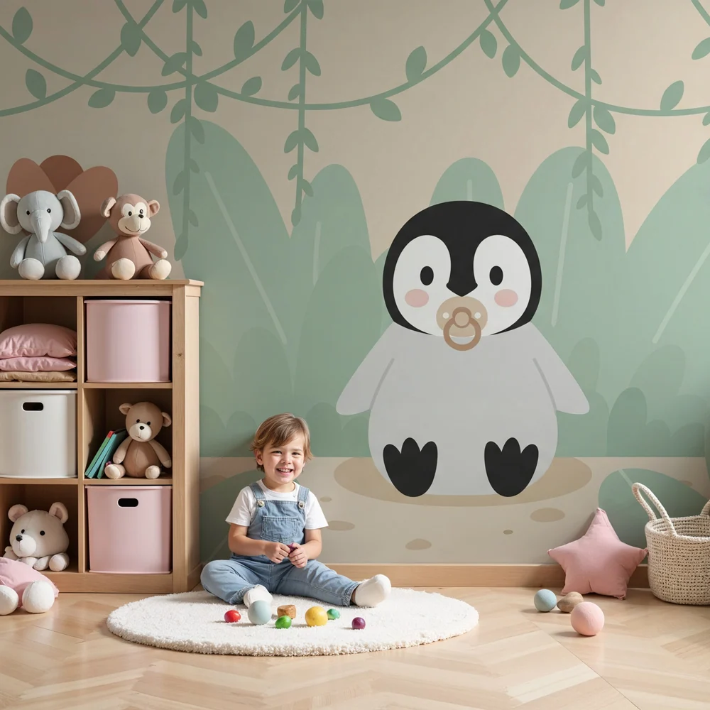 Papier peint chambre bébé | Petit pingouin dans un jardin fleuri